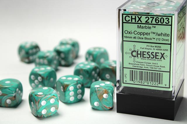 Chessex 27603 - Marble Oxi-Copper/white 16mm d6 Dice Block (12 dice)